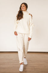 Taupe Lace Sleeve Sweater - SMALL & LARGE LEFT