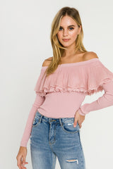 Pink Love Lace Ruffle Off the Shoulder