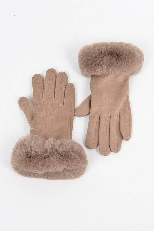 Faux Suede Gloves with Fur (Khaki)