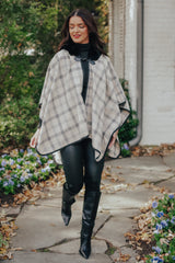 Plaid Fur Hood Poncho